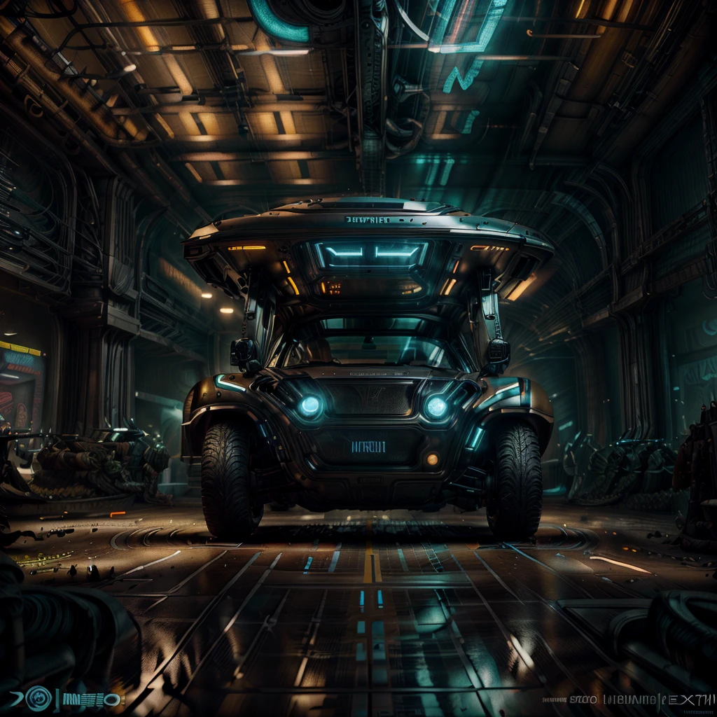detailed futuristic UAZ Hunter, highly detailed, cinematic lighting, hyper realistic, 8k, photorealistic, best quality, cinematic composition, dramatic atmosphere, advanced technology, glowing holographic displays, sleek metallic surfaces, advanced aerodynamic design, complex machinery, intricate details, elegant curves, vivid colors, neon highlights, advanced digital interface, seamless integration of technology ,side view, back view, front view