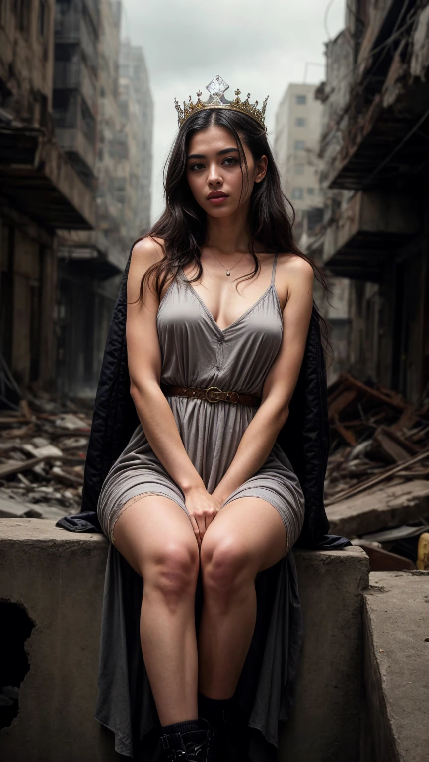 A beautiful European women, queen, sitting on a throne, wearing torn dress, long dress, bone crown, grey sky, Post-Apocalyptic city. She is 24 years old, has black hair, long hair, curly hair and black eyes. Her cloth is stylish and her overall appearance is stunning. The girl's face is extremely detailed with beautifully detailed lips. Her skin is anatomically correct with realistic textures. The image should have super high details and be of the best quality, with a resolution of 8K. The final result should be a masterpiece, showcasing the girl's beauty and the vibrant atmosphere of The destroyed Post-Apocalyptic city