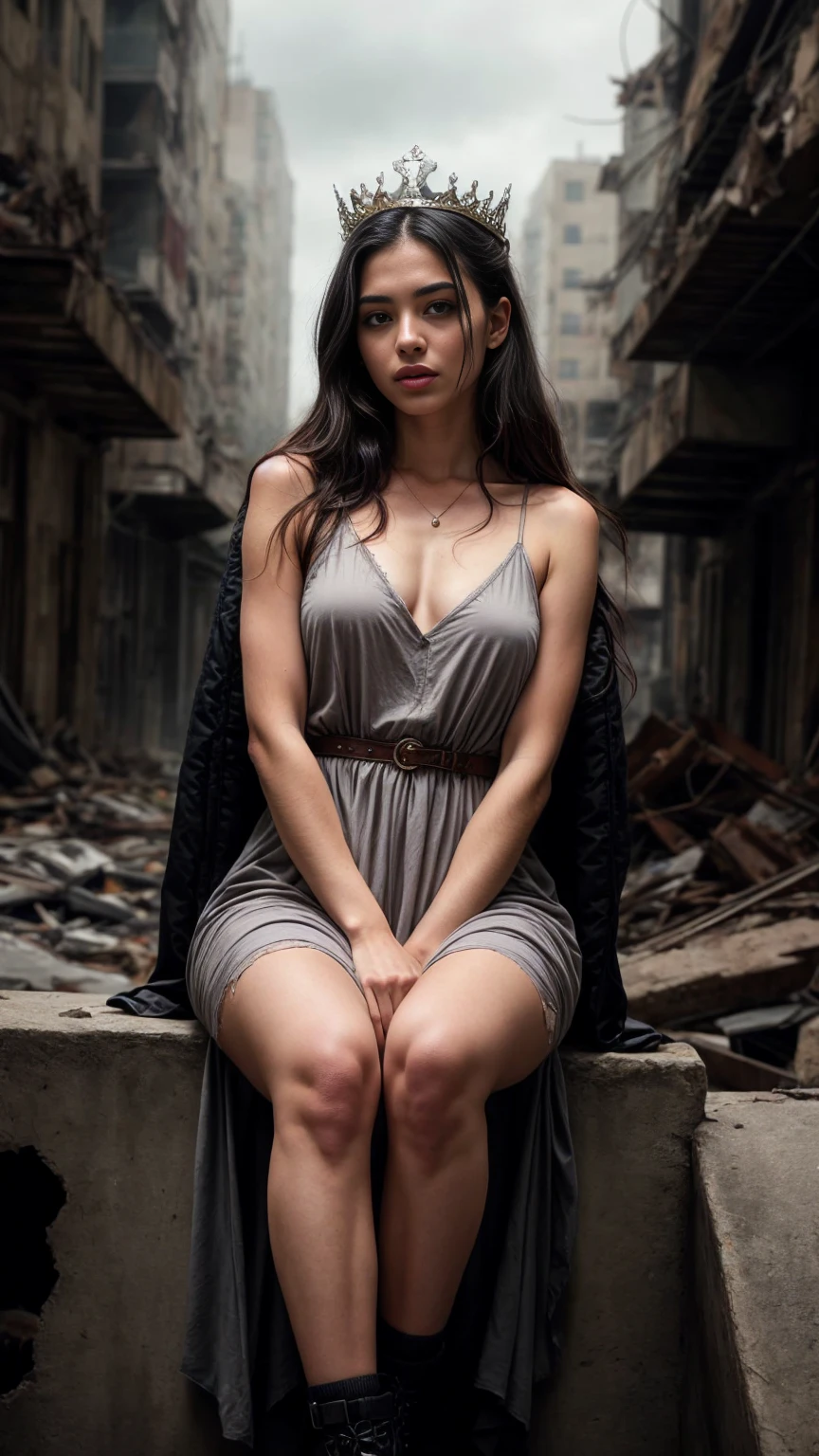 A beautiful European women, queen, sitting on a throne, wearing torn dress, long dress, bone crown, grey sky, Post-Apocalyptic city. She is 24 years old, has black hair, long hair, curly hair and black eyes. Her cloth is stylish and her overall appearance is stunning. The girl's face is extremely detailed with beautifully detailed lips. Her skin is anatomically correct with realistic textures. The image should have super high details and be of the best quality, with a resolution of 8K. The final result should be a masterpiece, showcasing the girl's beauty and the vibrant atmosphere of The destroyed Post-Apocalyptic city