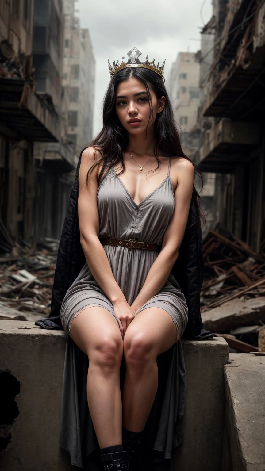 A beautiful European women, queen, sitting on a throne, wearing torn dress, long dress, bone crown, grey sky, Post-Apocalyptic city. She is 24 years old, has black hair, long hair, curly hair and black eyes. Her cloth is stylish and her overall appearance is stunning. The girl's face is extremely detailed with beautifully detailed lips. Her skin is anatomically correct with realistic textures. The image should have super high details and be of the best quality, with a resolution of 8K. The final result should be a masterpiece, showcasing the girl's beauty and the vibrant atmosphere of The destroyed Post-Apocalyptic city