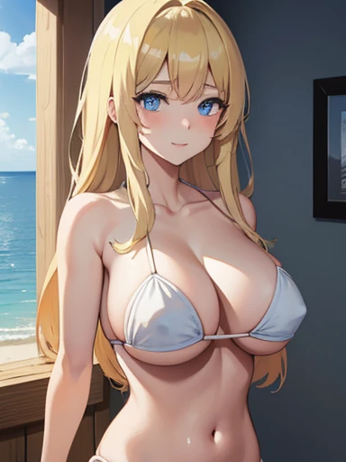 ((Anime Girls)),(Blonde), Huge breasts, highly detailed Beautiful Face, Beautiful Face, Beautiful Eyes, (Talented Lo-Fi:1.3), naked, sexy, virile, ((White Strapless Bikini)), Shine, Shine light, Very detailed, Scenic, in the air,((masterpiece, Highest quality;1.3)), Very detailed, 8k unity wallpaper, CG, Ray Tracing, shape, colorful, Shadows in the movie, Highly detailed and beautiful backgrounds,video, VRay Shading,RT, 1 Girl, A light smile, Teen,alone, blue eyes, blush,Ocean,young, Woman standing on top,brsasts focus,