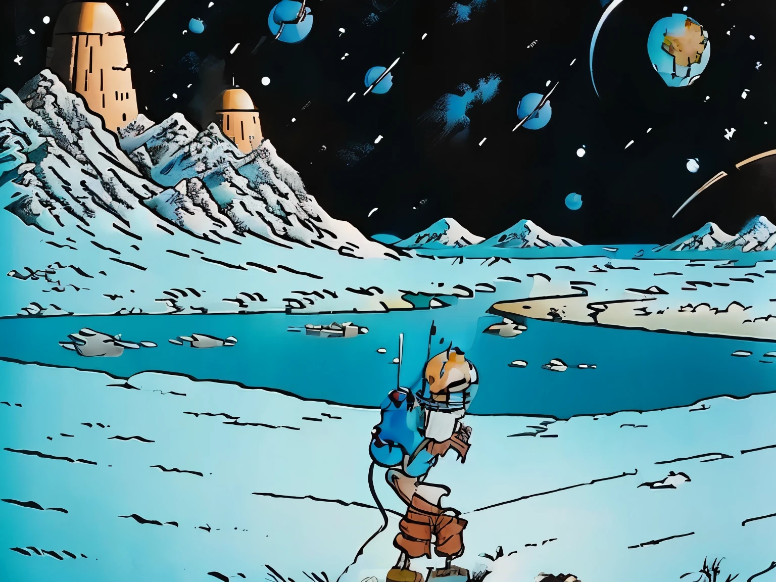 Wallpaper for phone featuring Tintin from Hergé's comics, but in a space setting.