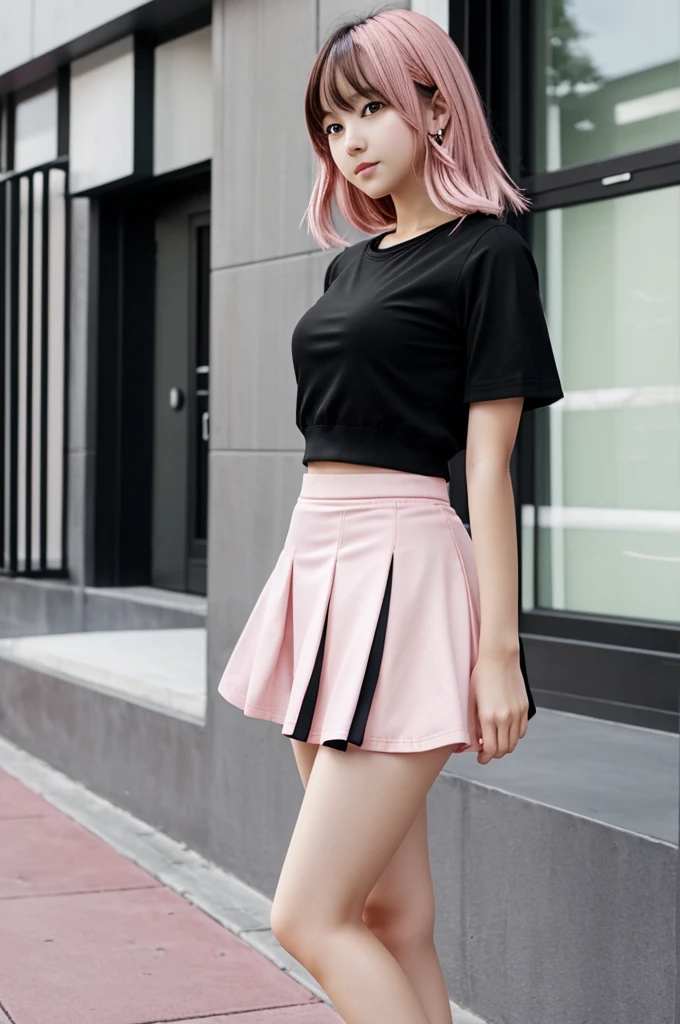 anime girl with short skirt ((pink skirt)) ((black top)) ((camera below the girl))