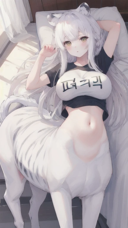 (best quality, masterpiece), 1 girl, centaur, It takes, White skin, Korean , exposing the abdomen,belly button t-shirt, 아름다운 소녀 perfect white tiger photo, perfect white tiger photo