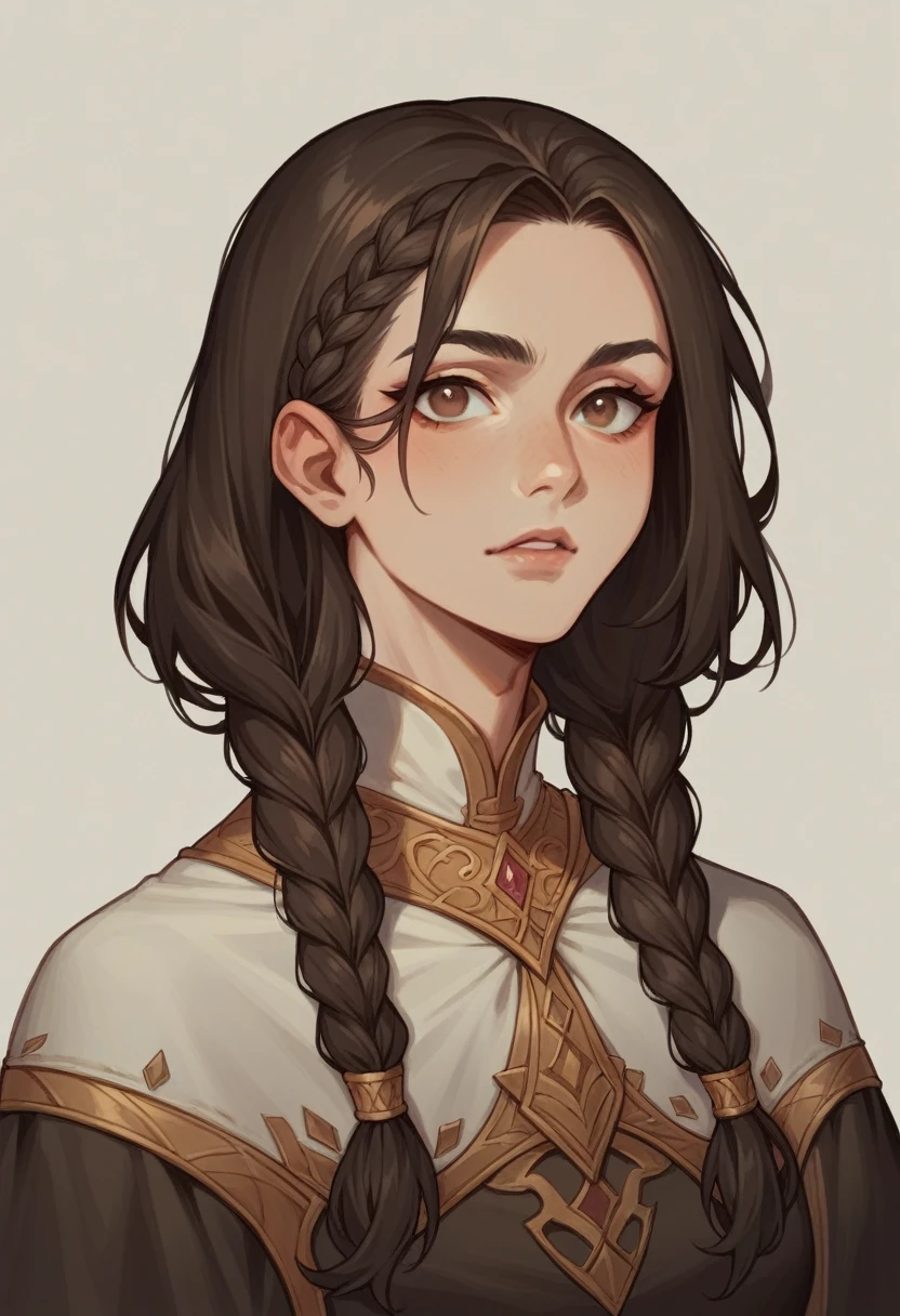 (Highest quality:1.3), (Top performance:1.2), (Best illustrations:1.2),Dwarven girl,Dark brown hair,Big braid hairstyle,