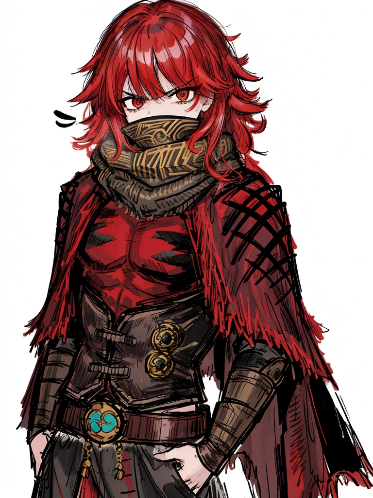 1boy, angry face, scarf, red eyes,feather, bandit clothes, mercenary, red hair, wavy hair, cape, 
beautiful clothes, (high resolution, high detail, best quality), solo, big chest, sfw