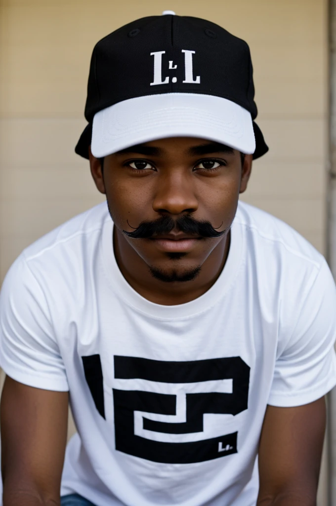 An African American boy with a mustache wearing a black cap with white letters that say L. And a chola shirt