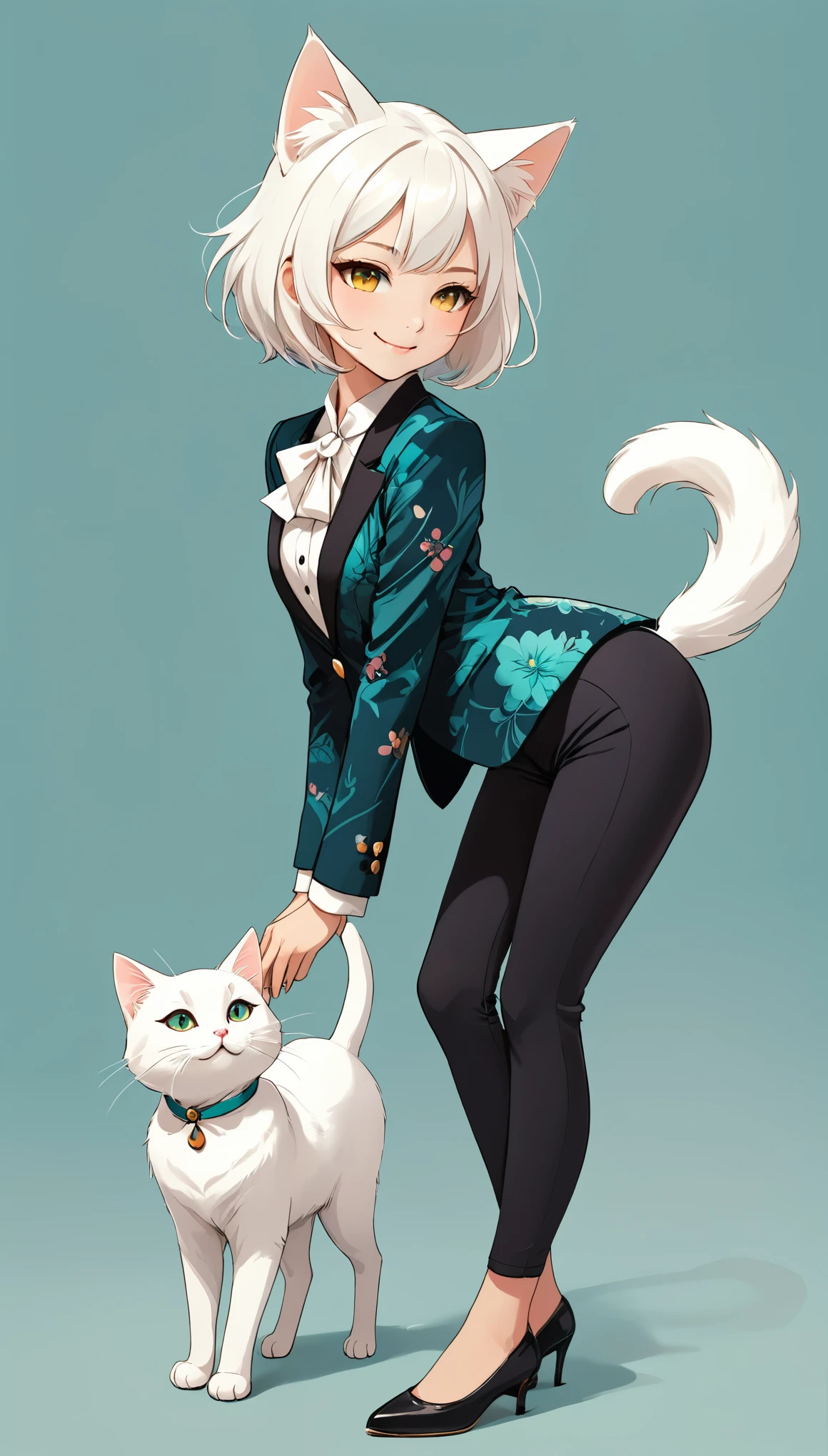 in style of Anne Bachelier, 1girl,short white hair,white cat ears,white cat tail,leaning_forward,solid color background,(stand:1.8),dsmile,press down on your hands,black_leggings,no human ears,colorful printed suits,