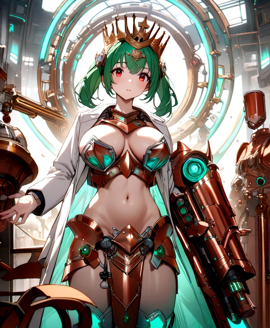 Copper bikini armor, copper crown, bare belly, big breasts, green hair, red eyes, bikini armor, copper, technology, scientist coat