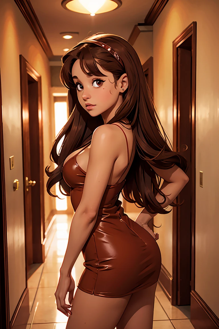 Ariana Grande, barefoot, Long brown hair, light brown eyes, blood red mini dress, cleavage, hallway background, standing up, hand on the wall, side view, looking camera, sexy look