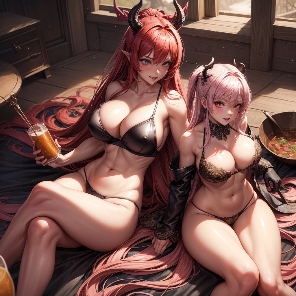 (Masterpiece, best quality: 1.2), mature curvaceous beauty Neko Devil, solo, leather bra, leather pants, red eyes, red and black devil wings.    smile, fangs, holding trident, strong pose beauty, goofy smile, red hair, shiny skin, cleavage, wet skin, huge breasts, eye contact, long hair, tilted angle, moody lighting, Beer glass, suggestive pose, dim lights, super beautiful sparkling eyes, shy look, big breasts showing cleavage.            Nipples and navel, a hint of pink on top of head, muscular build, wearing a skin-colored kimono with high slits, adjusted to thigh length, with tassels or other accessories on the long slits.              Spread legs, lots of white juice, soaked all over, charming, spaghetti strap short waisted T-shirt, big breasts, exposed cleavage, navel, tanned skin, pink hair, long straight hair, pixie cut, cosplay, late at night, ( Underwear) soaked, legs spread.       Sitting with legs spread apart, M-shaped legs, white underwear, pink underwear, yellow underwear, black underwear, the underwear moved to the side of the thigh, and a large amount of viscous white liquid seeped out from both sides of the thigh.              Field Bokeh, (Detailed Background), Perfect Layered Cut, (Full Body Shot/Cowboy Shot/Side View), 8K, Gorgeous Lips, (Masterpiece), (Best Quality), (Ultra Detailed), ((Sexy) ;1.5) ) Very beautiful, illustrations, perfect composition, intricate details, ridiculous, detailed faces, (anime, masterpiece, complex: 1.3), (best quality, hired textures, high details: 1.2), (4k) , (Extreme Details: 1.4)