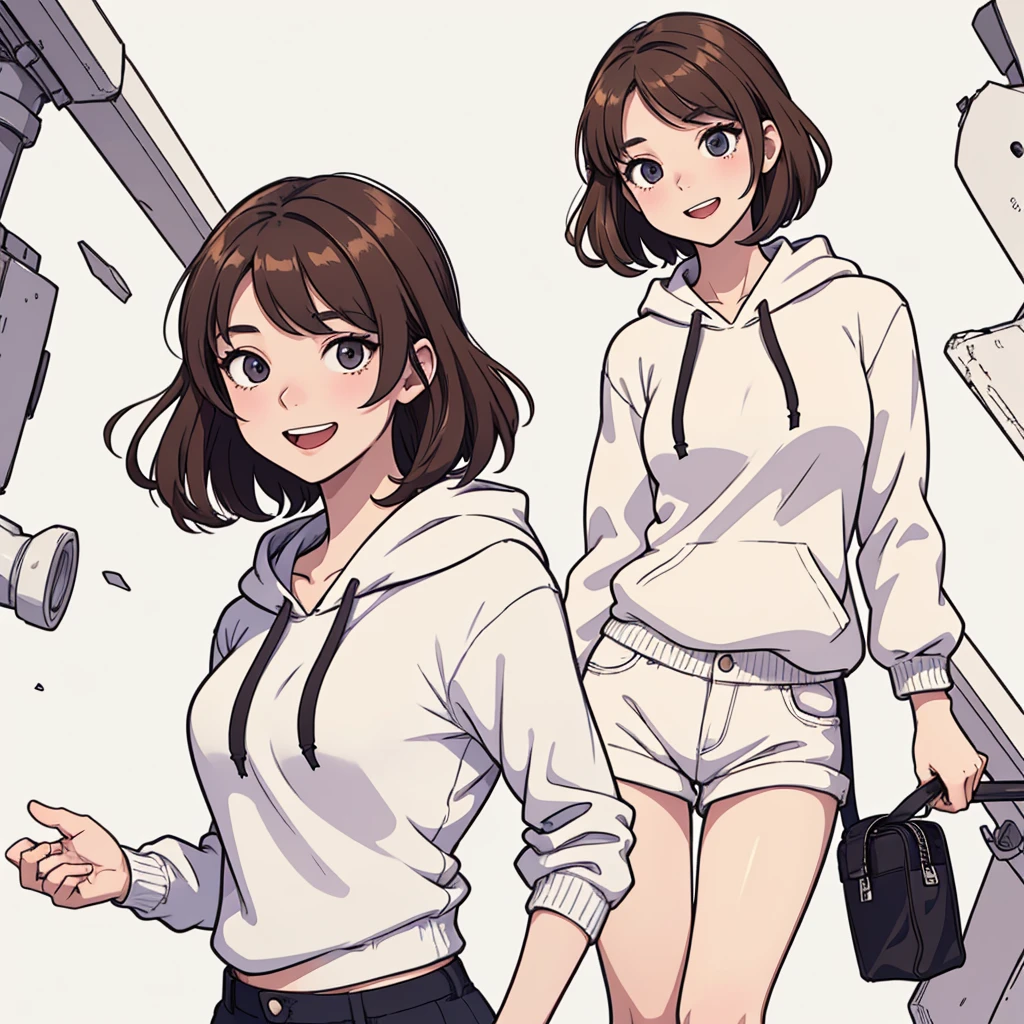 (((masterpiece, best quality, ultra highres, 1 girl, solo, no background))), super detailed skin and face and eyes and finger, beautiful japanese woman, small breasts:1.5, skinny, light brown hair, white background, very short curly pixie hair, (an illustration of girl), Knee shot, Generate with illustrations, Various expressions, Various poses, Please draw the entire character within the frame, ensuring that the head, arms, and legs are not cut off. The background should be simple, with the character positioned centrally, outline, anime, hoodie, laugh,