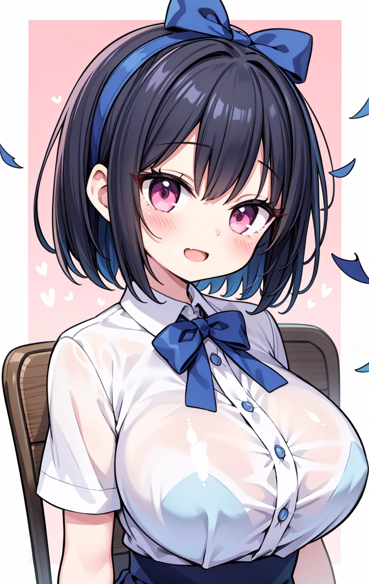 (Pieces fly, Highest quality, High resolution, Ticker, Pixel perfect, Depth of written border, In 4K), 
1 Girl, alone, , Beautiful Anime Girls, 
View your viewers, 
Perfect body,  

short hair, Black Hair, Pink Eyes, 

smile,  Open your mouth, blush, 

JK Huge , White shirt, big , Blue Ribbon, 
classroom, 

throw, Close-up shot, Ribbon headband