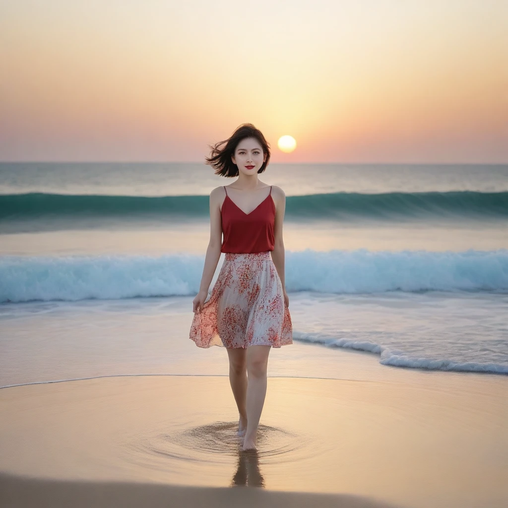 sunset red sun on the beach,A strong afterglow is reflected in the sea., Beautiful 36 year old short Korean woman, Chest size 34 inches, Wear sleeveless, light skirt. beautiful pretty woman look , wearing a light skirt , Go far into the sea water and dip your toes., Short medium hair blowing in the wind, 1 woman, beautiful eyes, a little smile, Full body photo from a distance with a wide angle lens, The background is clear and perfect, waves came in