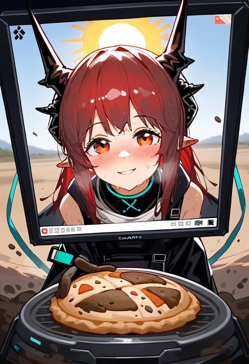 score_9,score_8_above,score_7_above,1 girl,mud rock (arknights),dirty,pies,gloves,hull,horns,sunes,Red eyes,barefoot,pointy ears,old,suno,wide,by white,black gloves,toes,hull de seguridad,Foot focus,looking at the viewer,session,sweat,Chapped lips,dirty pies,tenure,outdoor,sky,hits,oripathy lesion (arknights),day,SMILE,blush,demon horns,infection monitor (arknights),foreshortening,sun,