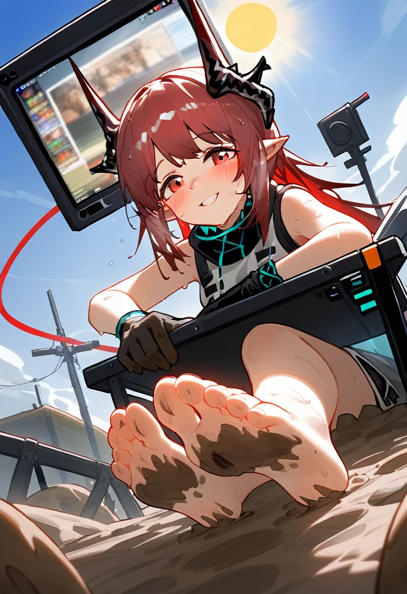score_9,score_8_above,score_7_above,1 girl,mud rock (arknights),dirty,pies,gloves,hull,horns,sunes,Red eyes,barefoot,pointy ears,old,suno,wide,by white,black gloves,toes,hull de seguridad,Foot focus,looking at the viewer,session,sweat,Chapped lips,dirty pies,tenure,outdoor,sky,hits,oripathy lesion (arknights),day,SMILE,blush,demon horns,infection monitor (arknights),foreshortening,sun,