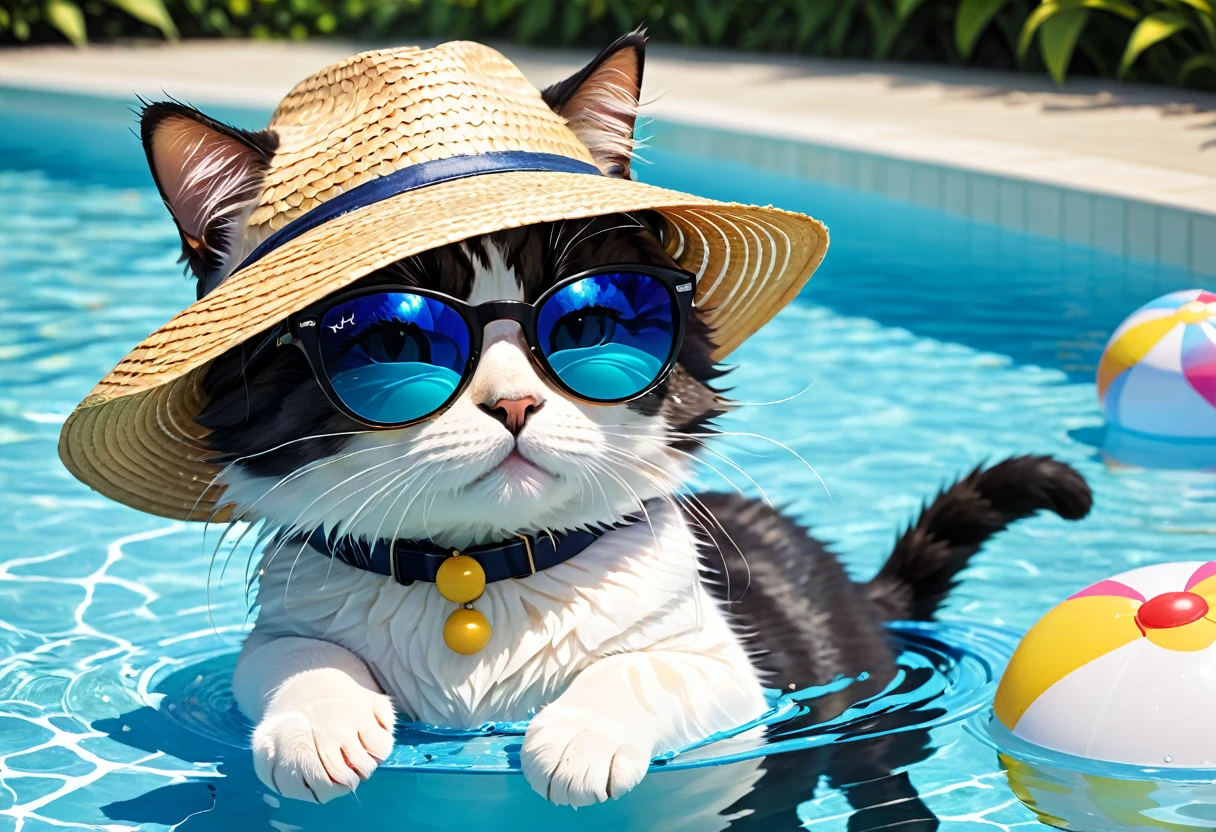 複数の子Catたち, that are wearing hats and sunglasses in the pool, cute Cat, Cat party, Pool Party, Cat, ah, CatCatCat, cowboy Cat, cuteness, Catだけの, Cute artwork, Summer vacation, 8K)), Wearing a straw hat, 水の中で泳ぐCat, Summer swimming , in sunglasses, sunglasses, Cats,Realistic water effects、fun、笑うCat