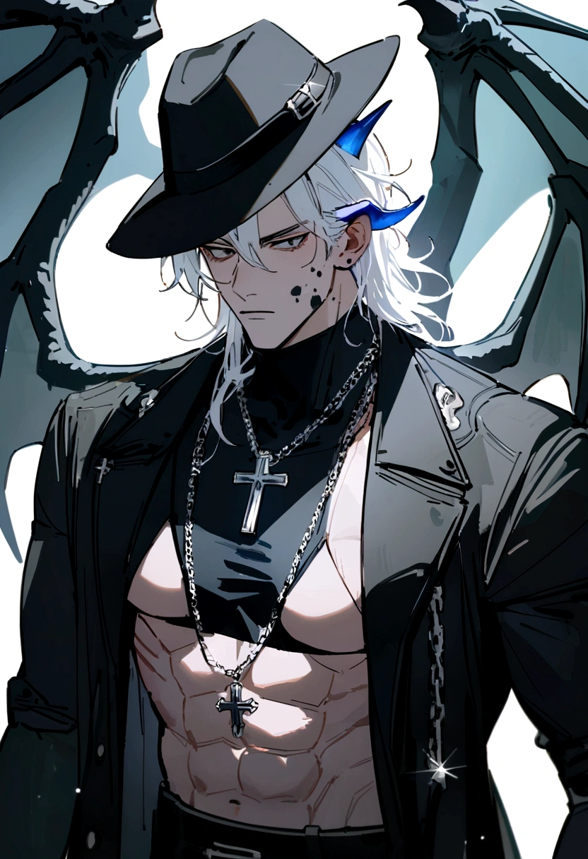 homen,strong muscles, White hair, best qualityer,open chest vest, blue and black clothes, Dragon Wings, black cloth on face, silver cross chain around neck, fedora hat with blue horns