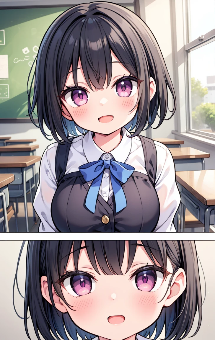 (Pieces fly, Highest quality, High resolution, Ticker, Pixel perfect, Depth of written border, In 4K),
1 Girl, alone, , Beautiful Anime Girls,
View your viewers,
Perfect body,
short hair, Black Hair, Pink Eyes,
smile, Open your mouth, blush,
JK Huge , White shirt, big , Blue Ribbon,
classroom,
throw, Close-up shot, Ribbon headband