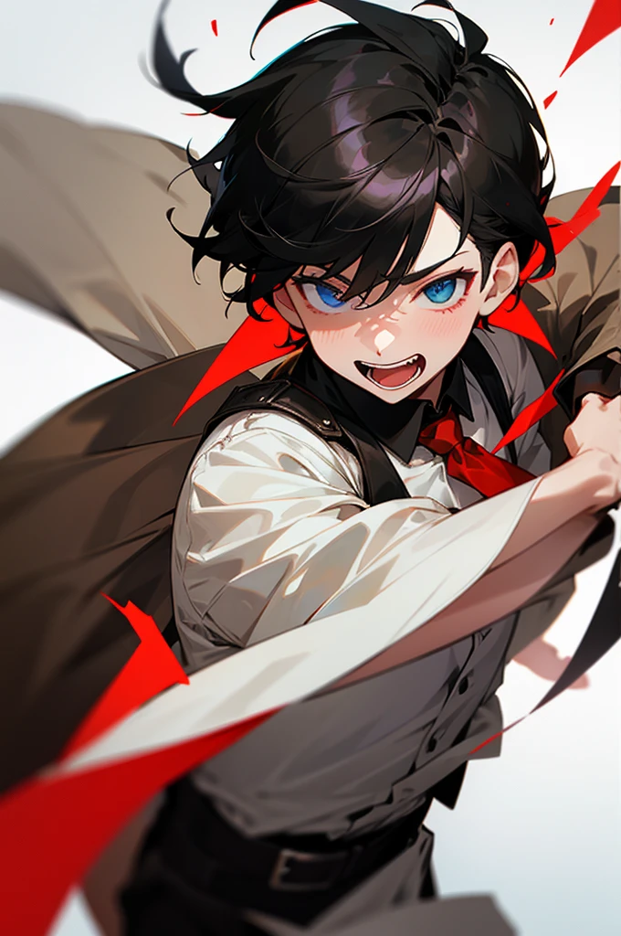 short black hair boy wearing white chemise and earthy black jacket, wearing red tie, heterochromia, laugh faace, white background
