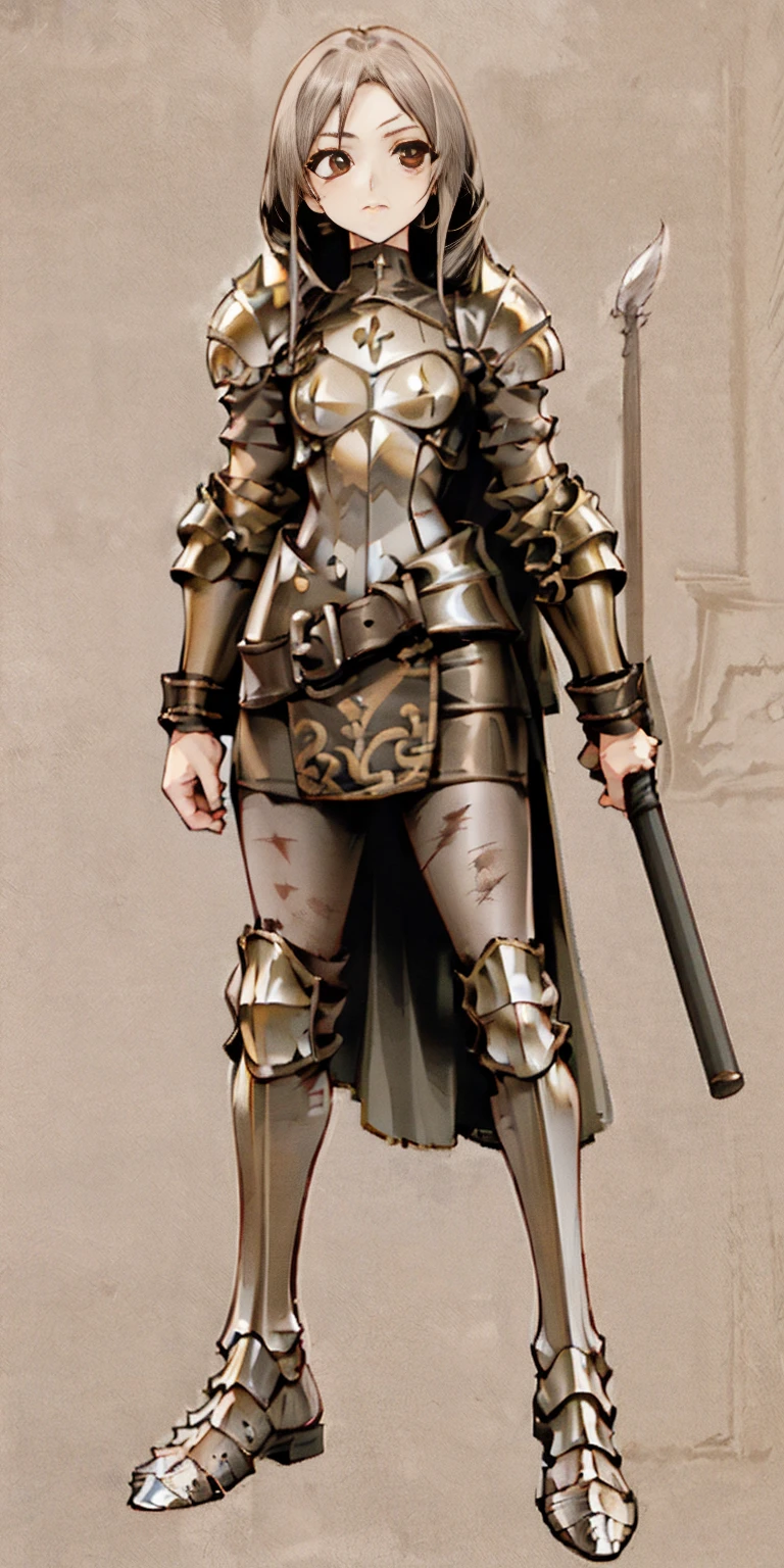 Subject:
1 Solo Female Gladiator
Pose:
Full body, whole body
Standing tall, hands on hips (conveying confidence)
Feet together, conveying a strong stance
View from slightly below, emphasizing her power
Clothing and Armor:
Loincloth (detailed and well-crafted, showcasing her warrior status)
Metal sandals, sturdy and battle-worn
Leather choker, adorned with a gladiator emblem or small spikes (optional)
Big belt, holding additional weapons or pouches (optional)
Bracers on forearms, for protection
Jewelry:
Tiara (can be simple and battle-ready, or adorned with feathers or gladiator symbols)
Additional Details:
Strong, defined muscles
Determined expression on her face
Optional: scars or other battle marks that tell a story of her victories