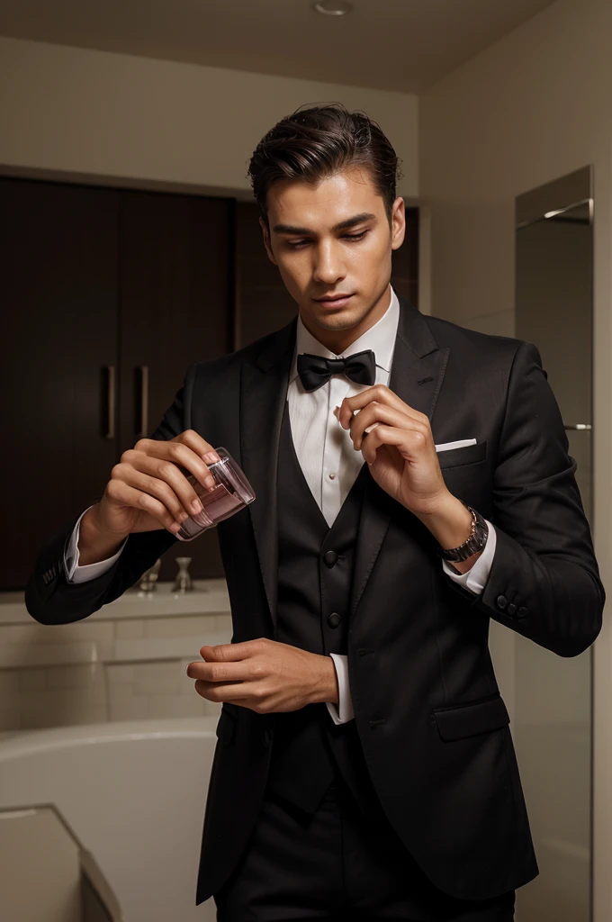 Create an image of a man dressed in formal and elegant attire. He is holding a perfume bottle in his right hand and spraying perfume onto his neck. Surrounding him, include the words 'Essential points of masculinity and freshness.