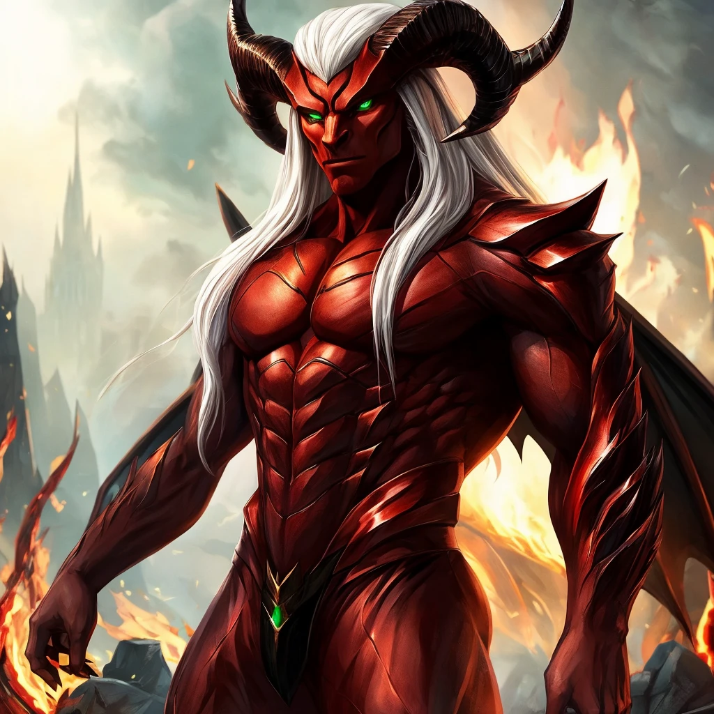 Male character, handsome, dark skin, black wings, wearing a red suit, long white hair, emerald green eyes, his appearance is that of a fire demon, his body is that of a fire demon with giant horns, an intimidating appearance, his appearance is identical to that of the fire demon Ifrit