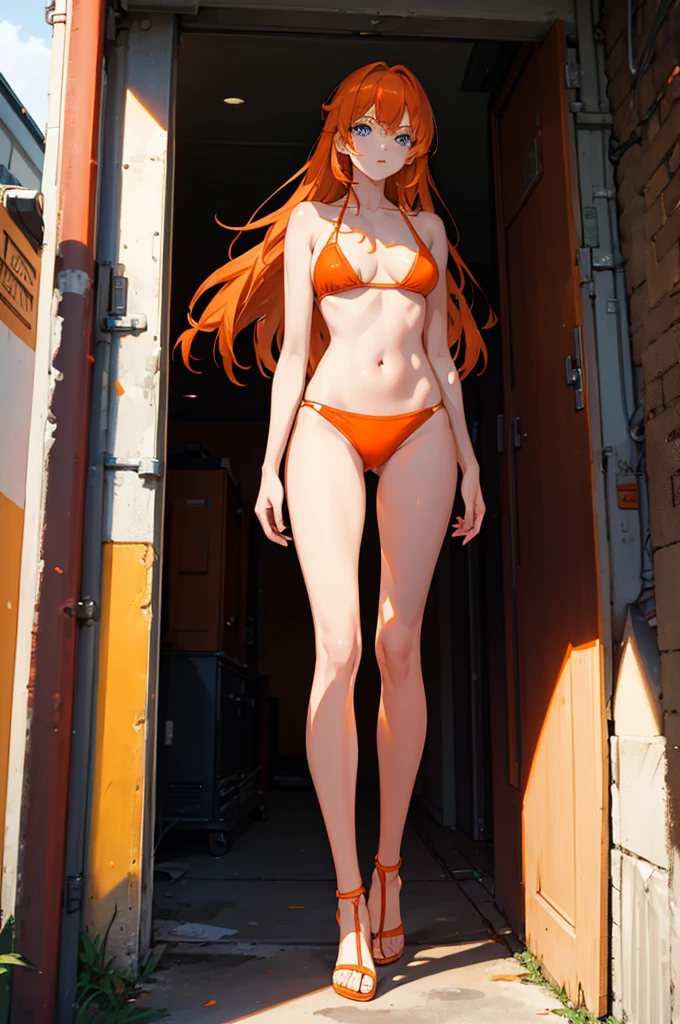 1woman, orange hair, blue eyes, orange bikini, standing on ground, high res, ultra sharp, 8K, masterpiece