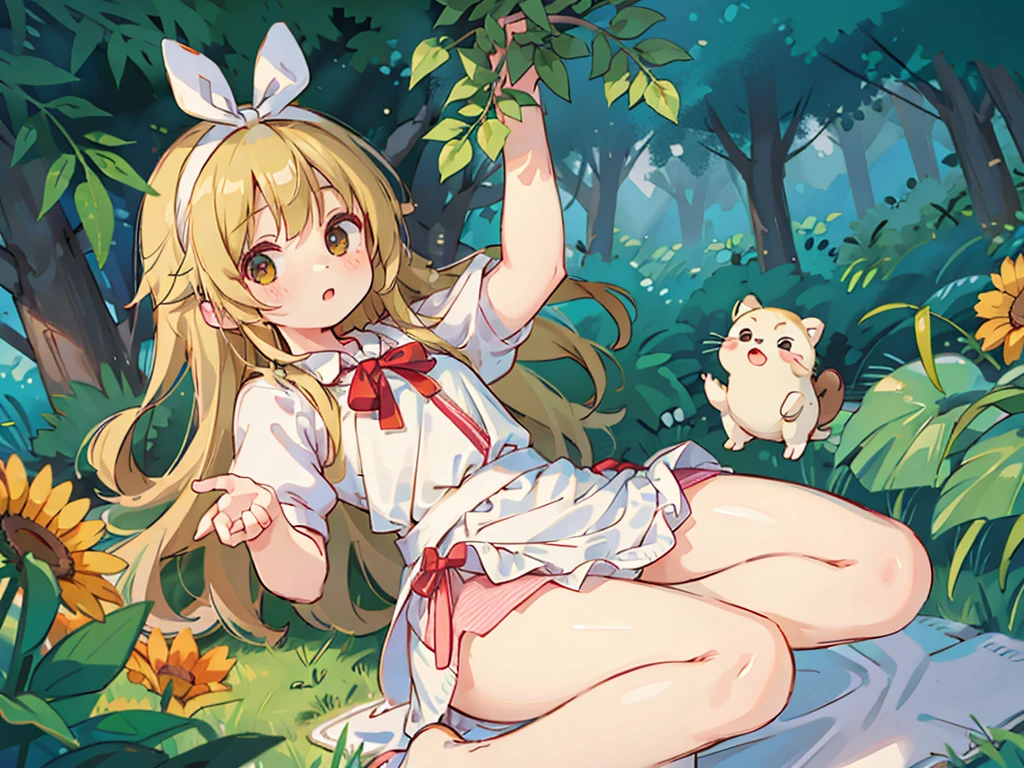 A with a cute Alice in Wonderland blonde wavy headband.、Sitting naked、She spreads her legs wide and shows her butt., anus, and small nipples.。I do not wear underwear。Pose seen from below。are small。Pose that shows your anus。 and anus are spread。Spreading legs with both hands。take off the apron dress。。NFSW