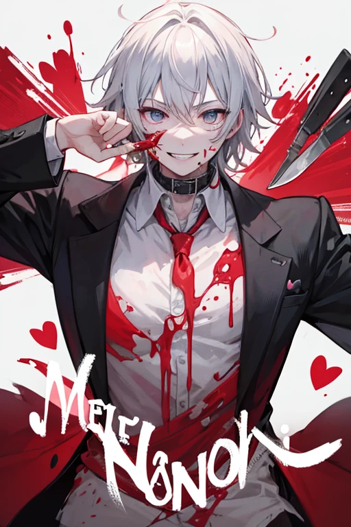 happy man with a knife and blood on his face with hearts in his eyes