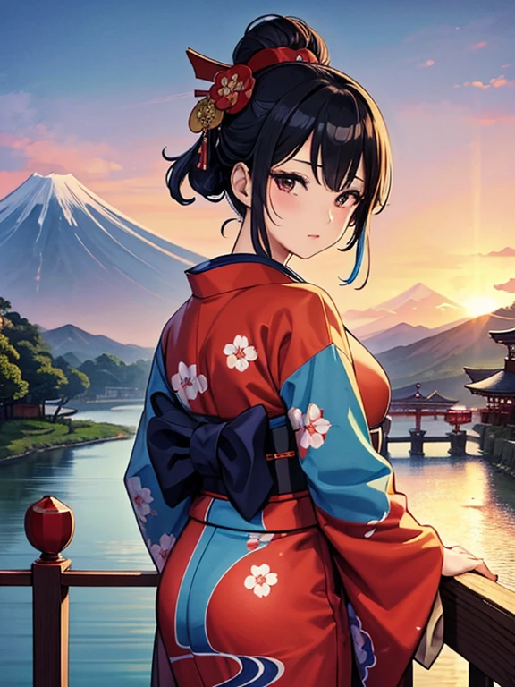 (Highest quality、masterpiece、High resolution、8K)、Colorful、Ukiyo-e、Utamaro、Kimono Beauty、Looking back、bridge、river、Mount Fuji in the distance、Official Art、