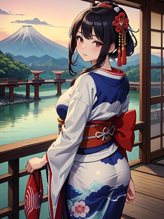 (Highest quality、masterpiece、High resolution、8K)、Colorful、Ukiyo-e、Utamaro、Kimono Beauty、Looking back、bridge、river、Mount Fuji in the distance、Official Art、