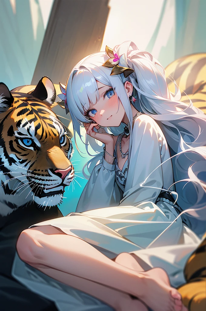 best qualityer, realisitic, Masterpiece artwork, 1tiger, (high detailed skin: 1.2), offwhite, teeths, toenails, blue eye, Tailpussy, ultrafine hair, 1girl, transparent silk porcelain dress, beautiful face, hair ornament, gazing at viewer, ssmile, cloused mouth,, vestido de princesa offwhite, hair ornament, necklase, jewelly, long hair, aretes, beautiful face, upon_body, Tyndall effect, fotorrealisitic, studio, rim lighting, dual-tone lighting, (high detailed skin: 1.2), 8K uhd, dslr, soft-lighting, high qualiy, volumeric lighting, Candid, fot, high resolution, 4K, 8K,