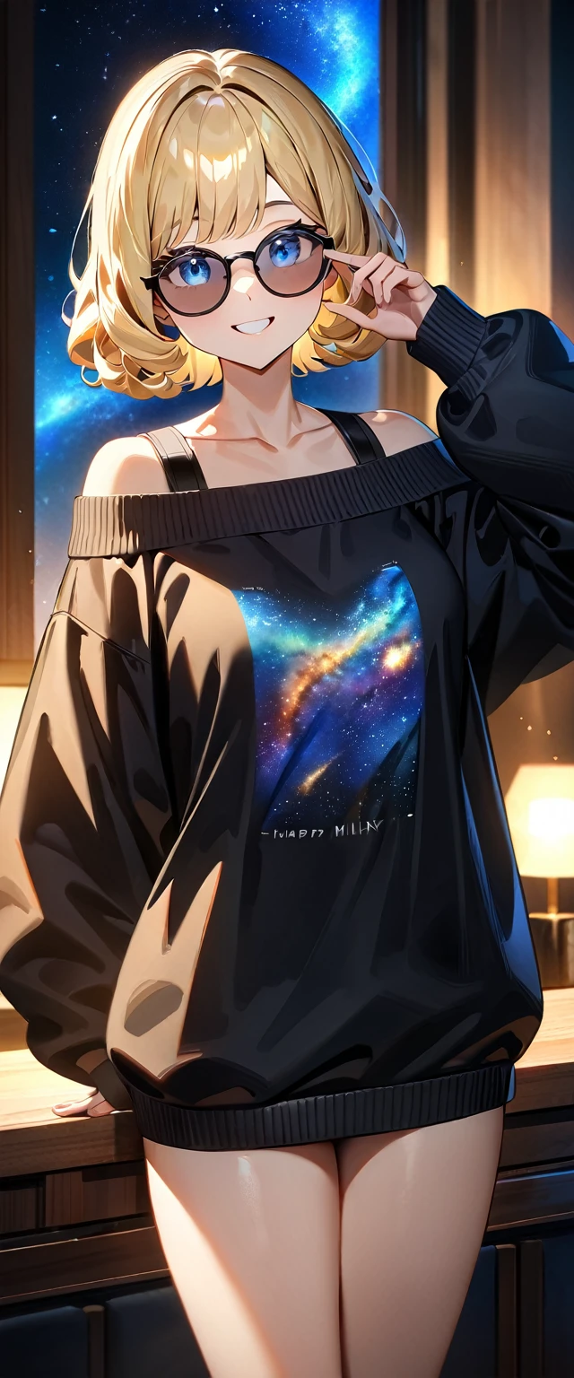 (((a starry sky, the Milky Way shining beautifully in the night))), ((bare legs)), (((sunglasses, hand to sunglasses))), (((cowboy shot))), ((wavy hair, inward curled hair)), (()), ((blond hair, bob cut:1.3)), breasts, teenager, (looking at viewer), oversized clothes, puffy long sleeves, ((off-shoulder sweater:1.3, Quite thick shoulder straps)), ((black sweater)), collarbone, head tilt:1.3, (((blue eyes))), ((happy smile)), (((anime style))), (best quality, 4K, 8K, highres, masterpiece:1.2, ultra-detailed, ultra-detailed eyes, HDR, uhd, studio lighting, ultra-fine painting, sharp focus, physically-based rendering, extreme detail description, professional, vivid colors, bokeh)