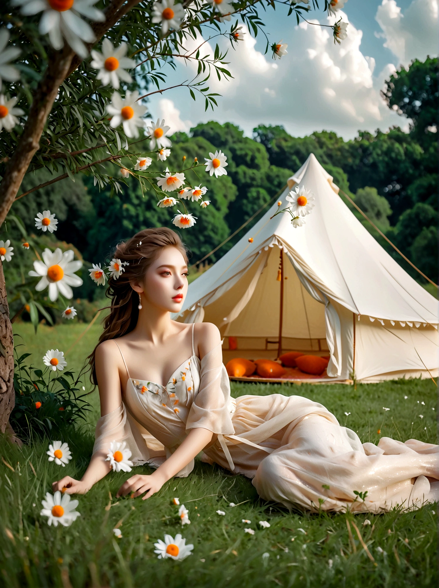 Summer, Lesser Heat, Hot Sun, 1girl, ((beautiful eyes)), ((Perfect and refined limbs)), Sitting, on the grass, tent, flower, outdoor, Tree, landscape, daytime, Sky, cloud, Grass, Orange Blossom, White Flowers, nature, Vague, safflower, (masterpiece, Best quality:1.2), lifelike, Reality, Dreamy light, Intricate details, Ultra Detailed, detail, High contrast, Beautiful and delicate light, Bright, more details, Fine light, very fine 8K CG wallpaper, Abuse of color difference, Very delicate light, Glare, Light, Light Particles, reflection, Depth of Field, Soft colors, Surrealism, Romanticism, Classicism, anatomically correct, textured skin, award winning, 8k