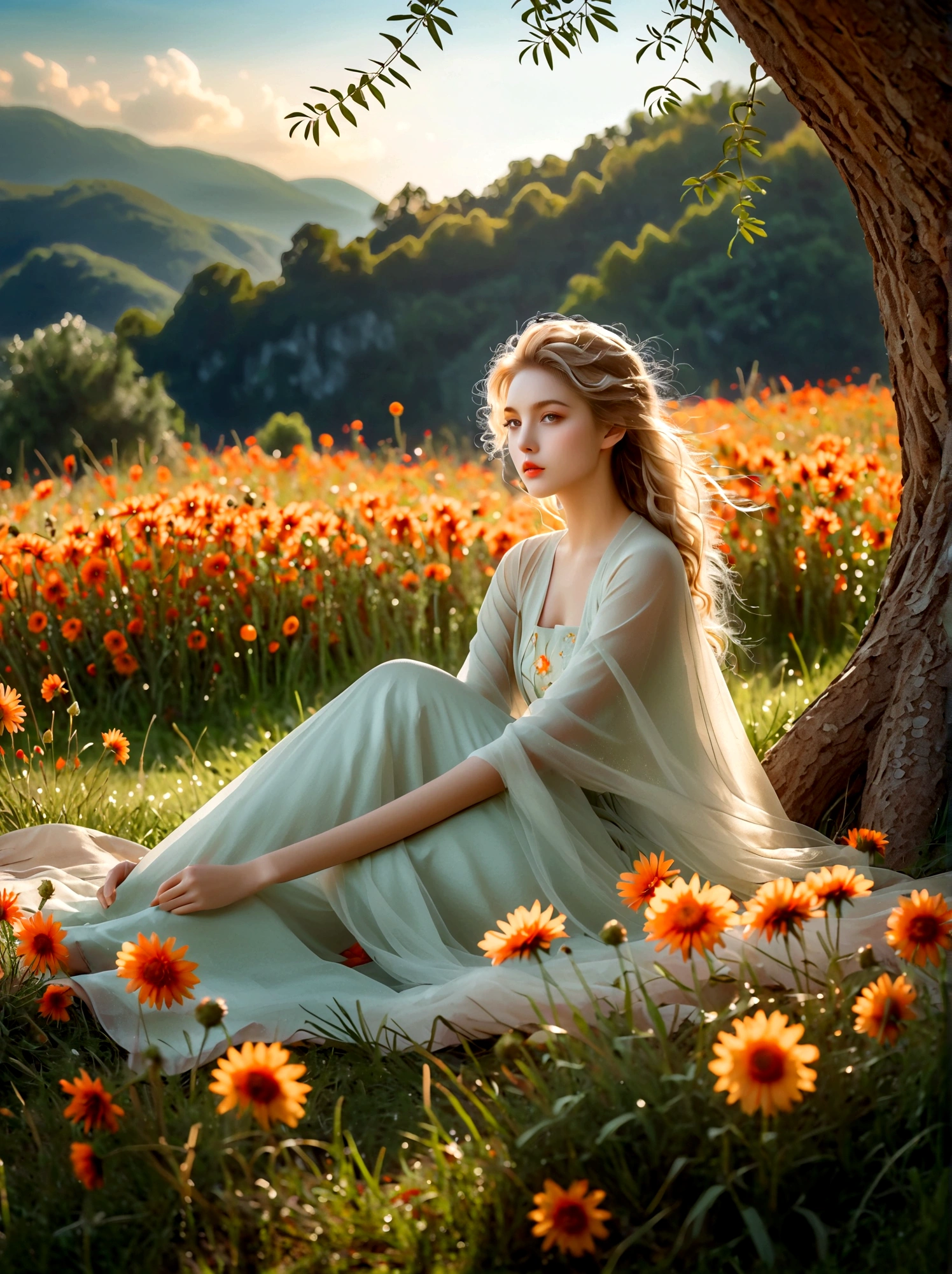 Summer, Lesser Heat, Hot Sun, 1girl, ((beautiful eyes)), ((Perfect and refined limbs)), Sitting, on the grass, tent, flower, outdoor, Tree, landscape, daytime, Sky, cloud, Grass, Orange Blossom, White Flowers, nature, Vague, safflower, (masterpiece, Best quality:1.2), lifelike, Reality, Dreamy light, Intricate details, Ultra Detailed, detail, High contrast, Beautiful and delicate light, Bright, more details, Fine light, very fine 8K CG wallpaper, Abuse of color difference, Very delicate light, Glare, Light, Light Particles, reflection, Depth of Field, Soft colors, Surrealism, Romanticism, Classicism, anatomically correct, textured skin, award winning, 8k