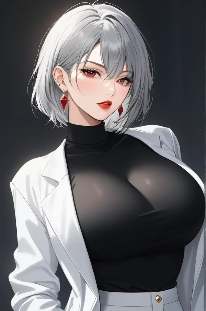 One woman ,wolf cut hairstyle ,red lipstick,sharp jawline,face makeup,mole under right eye, triangle earrings, perfect body,cleavasleeve Black sweater,white jacket ,pants,grey hair