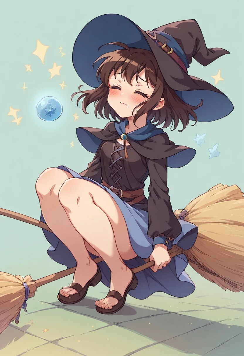 ((((空を飛ぶwitch))),((Ride a broom)),(Straddling a broom),Fantasy,Beautiful light and shadow,Anatomically correct,masterpiece,Highest quality,最高masterpiece,8K,Use of magic,witch:witchの帽子:witchの衣装:Familiar,Wind,Fantasy,wonderful,An illustration,Digital Art,wonderful,wonderful,カラーAn illustration,Rich colors,(Blushing),(Eyes closed),(Mouth closed),(Holding the end of the broom tightly with both hands),(slightly squatting),(Both feet are on the ground),(Both feet are wearing shoes),（ One broom handle、The broom handle is connected）,(The tips of the broom face backwards)