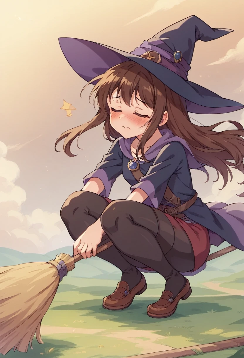 ((((空を飛ぶwitch))),((Ride a broom)),(Straddling a broom),Fantasy,Beautiful light and shadow,Anatomically correct,masterpiece,Highest quality,最高masterpiece,8K,Use of magic,witch:witchの帽子:witchの衣装:Familiar,Wind,Fantasy,wonderful,An illustration,Digital Art,wonderful,wonderful,カラーAn illustration,Rich colors,(Blushing),(Eyes closed),(Mouth closed),(Holding the end of the broom tightly with both hands),(slightly squatting),(Both feet are on the ground),(Both feet are wearing shoes),（ One broom handle、The broom handle is connected）,(The tips of the broom face backwards)