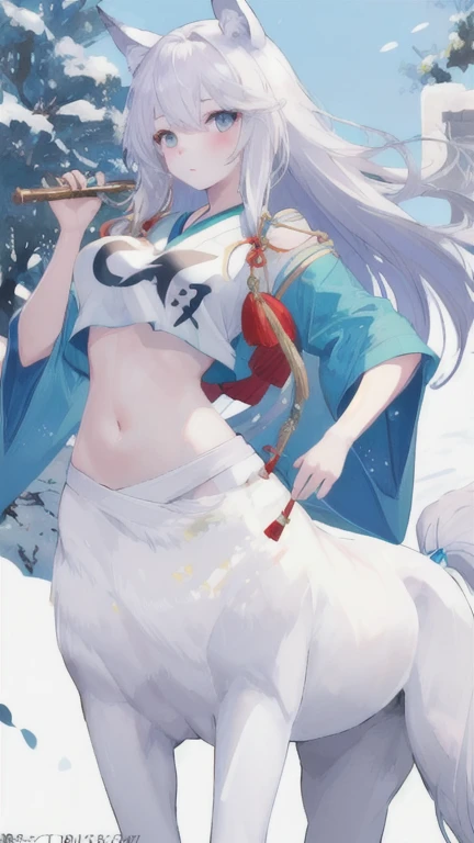 (best quality, masterpiece), 1 girl, centaur, It takes, White skin, Japanese  , exposing the abdomen,belly button t-shirt, beautiful girl perfect wolf photo, perfect wolf photo