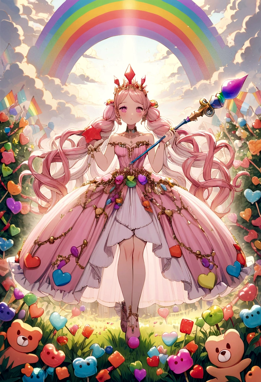 Scepter, lots of Sweet, gummies, Sweetcanes, a rainbow, Sweet, (a field of Sweet), 1 girl, sugar queen, pink dress, a Sceptor of Sweet