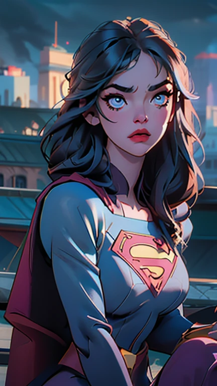 a supergirl sitting on a rooftop building, lost in deep thought, looking at the city, beautiful detailed eyes, beautiful detailed lips, extremely detailed face, long eyelashes, beautiful detailed costume, dynamic pose, cinematic lighting, epic cityscape, moody atmosphere, dramatic shadows, vibrant colors, photorealistic, 8k, best quality, hyper detailed, masterpiece