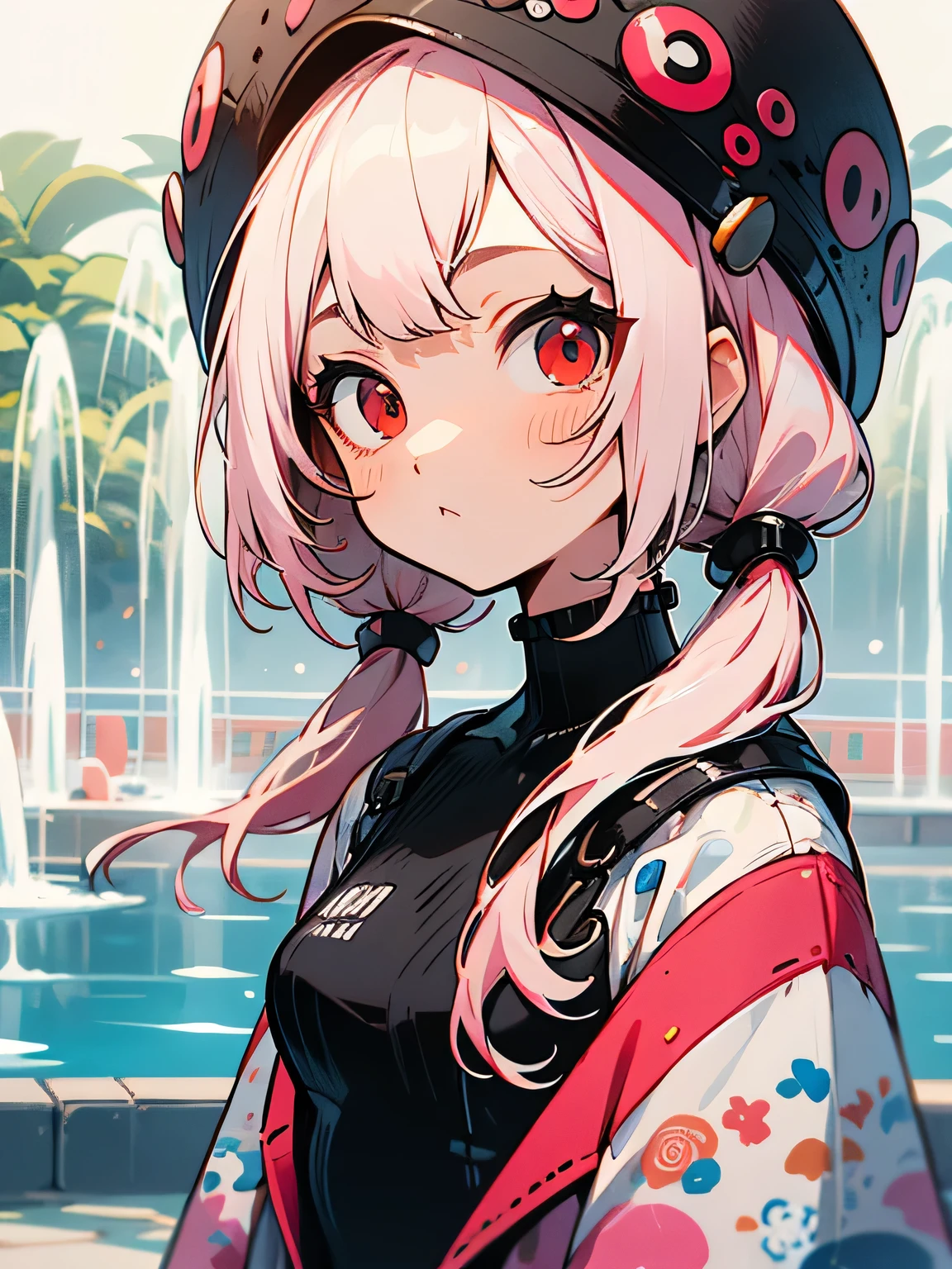 chibi,solo,looking at viewer, close up upperbody:0.6,light white-pink hair color, (Low twintails hairstyle), red eyes,white one-piece dress, empty eyes, want to say something, dark blue fountain,