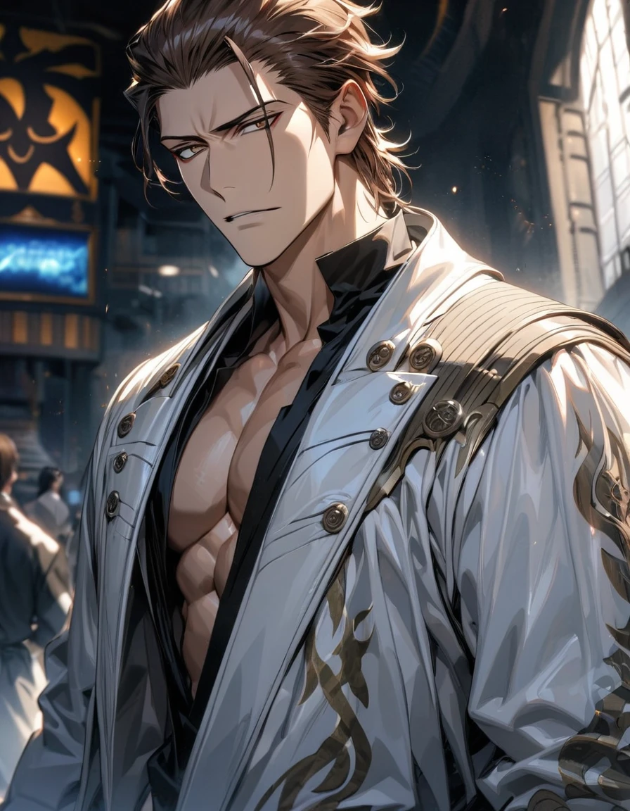 absurdres, highres, ultra detailed, HDR, masterpiece, extremely detailed face and eyes, Aizen Sosuke, brown hair slicked back, expressive brown eyes, Bleach, solo, sexy man, toned chest, handsome, white coat, black shirt,, soul society background, confident expression