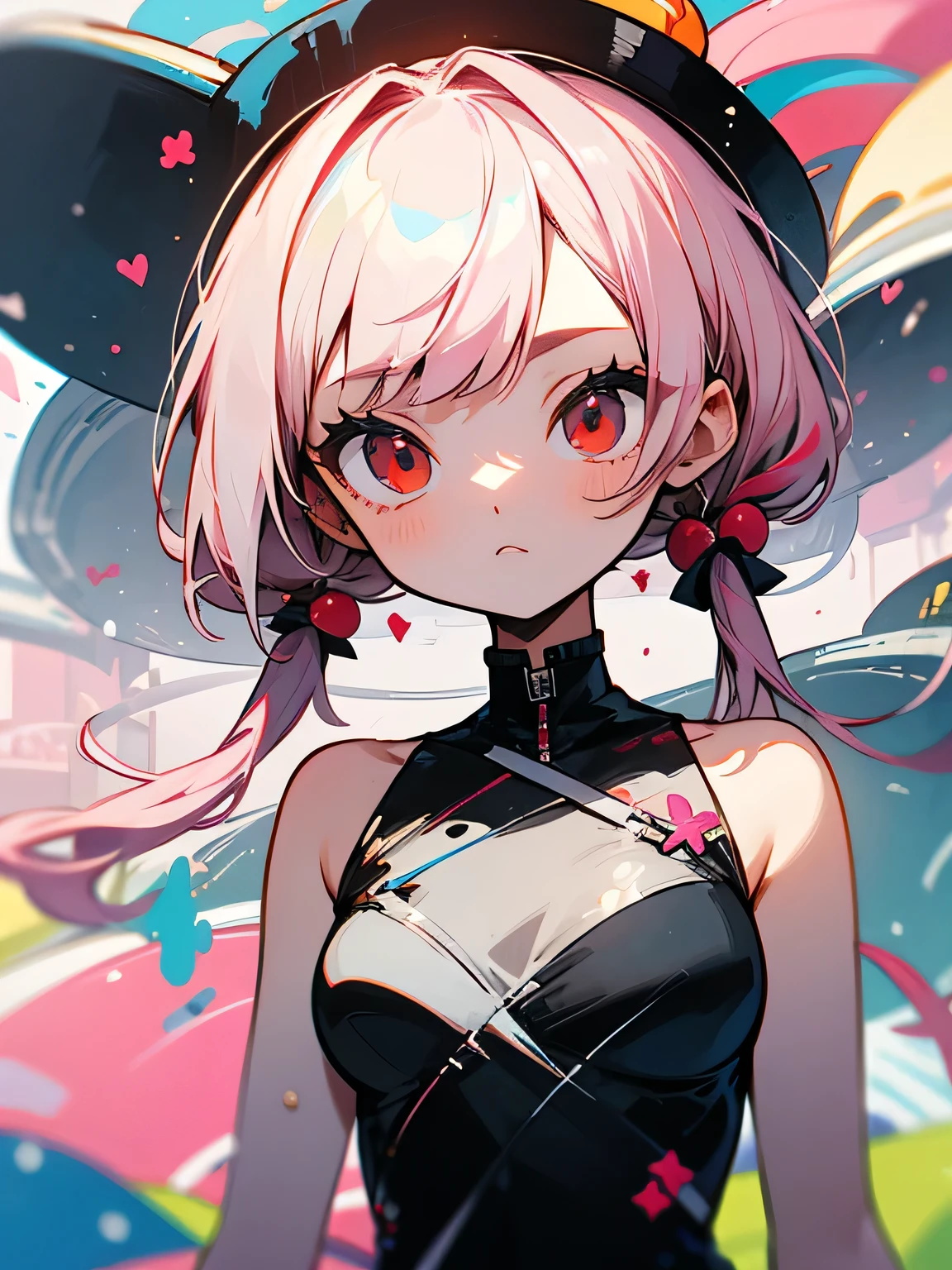 chibi,solo,looking at viewer, close up upperbody:0.6,light white-pink hair color, (Low twintails hairstyle), red eyes,white one-piece dress, empty eyes, want to say something, dark blue fountain,