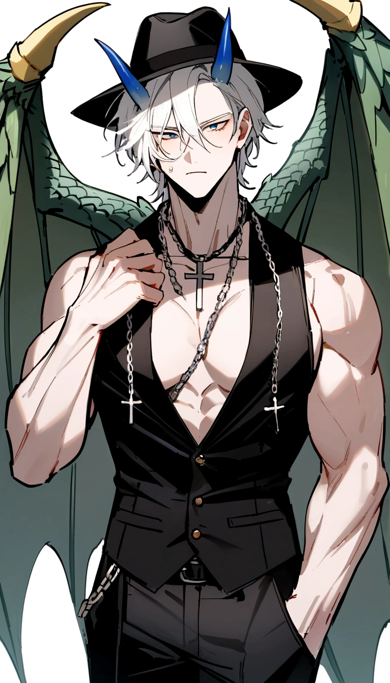 homen,strong muscles, White hair, best qualityer,open chest vest, blue and black clothes, Dragon Wings, black cloth on face, silver cross chain around neck, fedora hat with blue horns