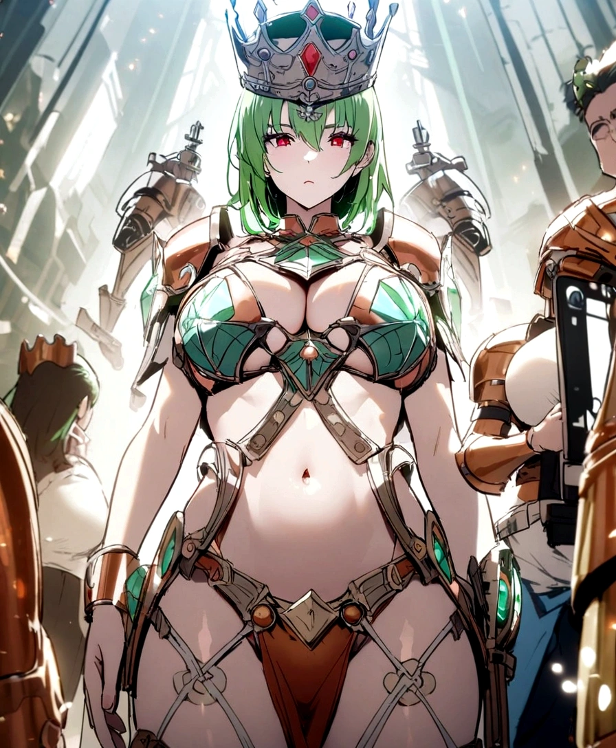 Copper bikini armor, copper crown, bare belly, big breasts, green hair, red eyes, bikini armor, copper, technology, scientist 