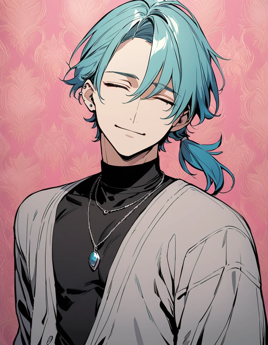 ((((best masterpiece, best quality, wallpaper,)))) solo, guy, male body, small muscles, flat chest, 1male, 30 years old, handsome man, upper body, looking at viewers, beautiful detailed, seductive smile, mediumturquoise hair, ((((Lower short ponytail)))), asymmetrical bangs, ((short hair,)) (((light smile, closed eyes, tareme, droopy eyes,))) (((perfect face,))) perfect hands, sharp nose, clear face, black turtleneck, grey cardigan, ((silver piercing, pendant,)) leggings, pink background color ultrasharp, 8K, masterpiece,