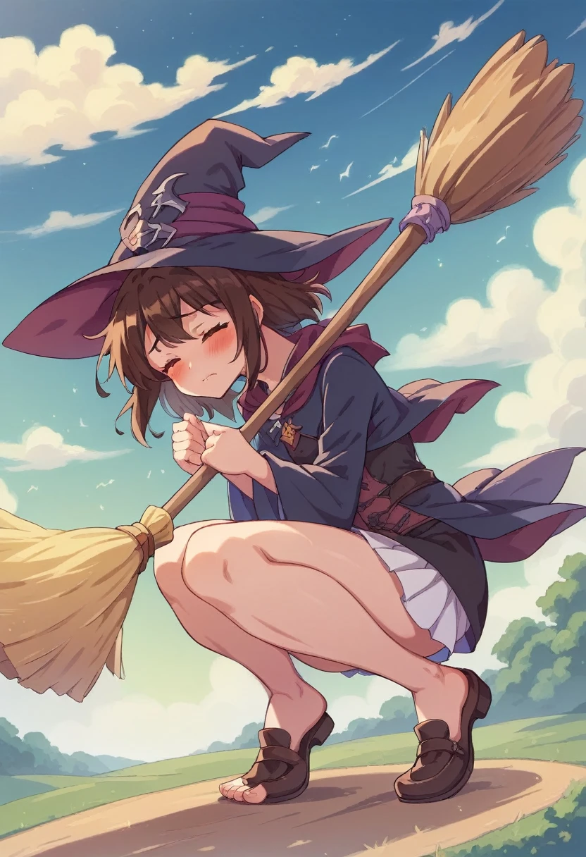 ((((空を飛ぶwitch))),((Ride a broom)),(Straddling a broom),Fantasy,Beautiful light and shadow,Anatomically correct,masterpiece,Highest quality,最高masterpiece,8K,Use of magic,witch:witchの帽子:witchの衣装:Familiar,Wind,Fantasy,wonderful,An illustration,Digital Art,wonderful,wonderful,カラーAn illustration,Rich colors,(Blushing),(Eyes closed),(Mouth closed),(Holding the end of the broom tightly with both hands),(slightly squatting),(Both feet are on the ground),(Both feet are wearing shoes),（ One broom handle、The broom handle is connected）,(The tips of the broom face backwards)