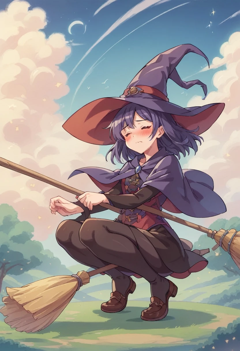 ((((空を飛ぶwitch))),((Ride a broom)),(Straddling a broom),Fantasy,Beautiful light and shadow,Anatomically correct,masterpiece,Highest quality,最高masterpiece,8K,Use of magic,witch:witchの帽子:witchの衣装:Familiar,Wind,Fantasy,wonderful,An illustration,Digital Art,wonderful,wonderful,カラーAn illustration,Rich colors,(Blushing),(Eyes closed),(Mouth closed),(Holding the end of the broom tightly with both hands),(slightly squatting),(Both feet are on the ground),(Both feet are wearing shoes),（ One broom handle、The broom handle is connected）,(The tips of the broom face backwards)